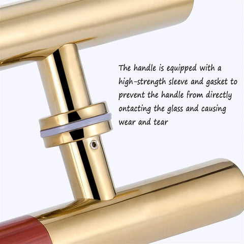 Close-up of Dope Gate Hardware Glass Door Handle in titanium gold with wood grain finish, showing durable grip and gasket detail.