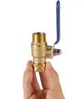 Heavy Duty Garden Hose Shut Off Valve With Long Handle High Flow Brass Three Quarter Inch GHT Ball Valve held in hand