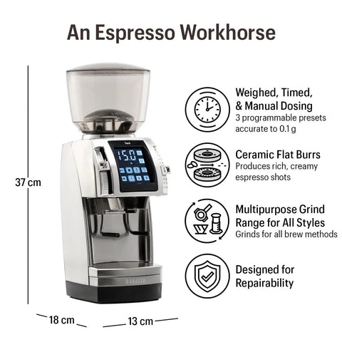 Heavy Duty Commercial Coffee Grinder Featuring 54 Mm Ceramic Flat Burrs for cranking out perfect espresso grinds with digital display.