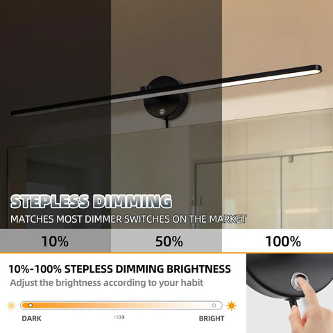 32 Inch Picture Lights For Bathroom Vanity And Over Mirror Wall Lighting, black fixture showing stepless dimming feature.
