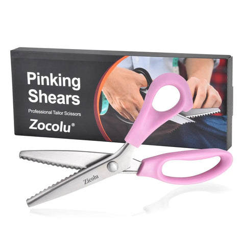 9 Inch Pinking Shears For Fabric Cutting And Crafting, Zigzag Scissors With Heavy Duty Stainless Steel Blade And Serrated Edge, Ultra Sharp And Durable For Tailors, Pros, Quilters, Dressmakers, Scrapbooking, Lace And Wig Work, Home DIY Projects, pink handle box