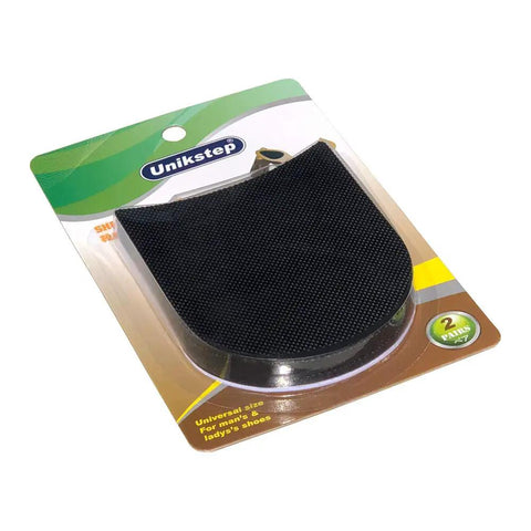 Two Pairs Rubber Heel Pads Replacement Kit With 3.5 mm Thick Anti Slip Cushions For Men And Women Leather Shoes Includes Nails Sandpapers Self Adhesive Stickers in packaging.