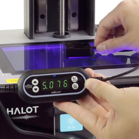 UV Light Meter Tool For 405nm Resin 3D Printers, High Accuracy Photopolymer Curing Meter, Pro Grade Quality, Wide 0 To 50000 uW Per cm2 Range, 130cm Data Cable, P405L1 Probe, 10mm Test Hole, GVBL-S12SD Sensor measuring UV output on a resin printer