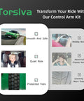 Torsiva control arm kit benefits with images of smooth ride, quiet cabin, and protected tires, compared to issues like wobbly body, noise, and tire wear.