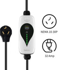 SAE J1772 Portable Level 2 EV Charger 32 Amp 90 To 260 Volt 7 KW Wall Connector With NEMA 10 30 Plug close-up.