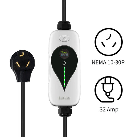 SAE J1772 Portable Level 2 EV Charger 32 Amp 90 To 260 Volt 7 KW Wall Connector With NEMA 10 30 Plug close-up.