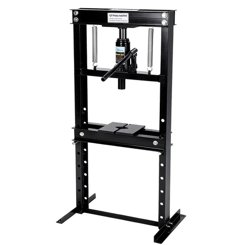 12 Ton Hydraulic H Frame Shop Press With Adjustable Table And Stamping Plates For Auto Repair Garage Use And Metalworking Projects Like Bearing Removal U Joint Installation Straightening And More Black Finish, front view