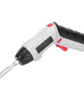 Kickass Compact Cordless Drill Driver Kit Boasts A Super Sleek Body With A Beast Mode 4.2V Lithium Battery And Powerful Led Work Light For Blazing Fast Drilling On Every Home Job. Close-up of white cordless drill with a black handle.