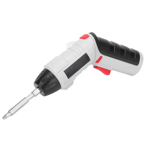 Kickass Compact Cordless Drill Driver Kit Boasts A Super Sleek Body With A Beast Mode 4.2V Lithium Battery And Powerful Led Work Light For Blazing Fast Drilling On Every Home Job. Close-up of white cordless drill with a black handle.