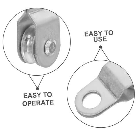 12 Pack Bearing Rope Pulley Block Kit For 6mm Rope And Cable, Aluminum Coated Zinc Lightweight Guide Roller With Swivel Bearing, A Must Have Gear For Outdoor Adventures And Home Organization. close-up of pulley block and mounting eyelet