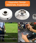 Stainless Steel Brush Cutter Blade Adapter Kit For Eleven Spline Straight Shaft 225 And 230 Series Beefed Up Build With 20mm And 25mm Center Holes Blade And Nut Not Included shown with components and usage examples.