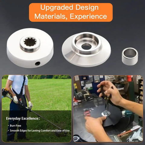 Stainless Steel Brush Cutter Blade Adapter Kit For Eleven Spline Straight Shaft 225 And 230 Series Beefed Up Build With 20mm And 25mm Center Holes Blade And Nut Not Included shown with components and usage examples.