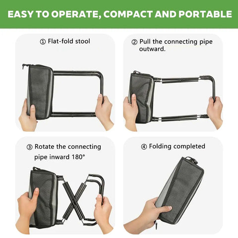 Steps to fold Ultralight Collapsible Stool For Camping And Travel with gray carbon steel and handbag style pocket design.