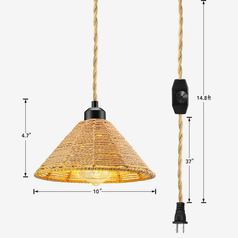Boho Plug In Pendant Light With Dimmable Bulb And Switch, hand woven hemp rope, farmhouse pendant fixture, 15 foot cord, double layer design