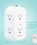 Heavy Hitter Six Outlet Wall Tap Extender And MultiPlug Power Splitter with three sides, showing dimensions and mounting screw.