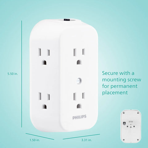 Heavy Hitter Six Outlet Wall Tap Extender And MultiPlug Power Splitter with three sides, showing dimensions and mounting screw.