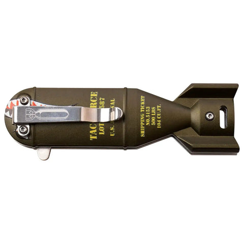 Rugged Folding Knife With Satin Finish Stainless Steel Drop Point Blade, green bomb aluminum handle shown closed with pocket clip