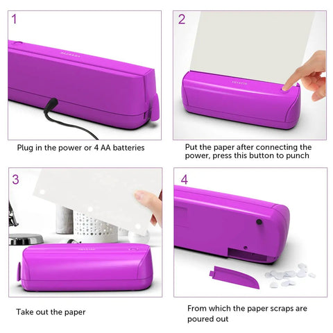 Electric 3 Hole Paper Punch With Adapter 20 Sheet Capacity AC Or Battery Powered Purple Office School Studio Tool instructions