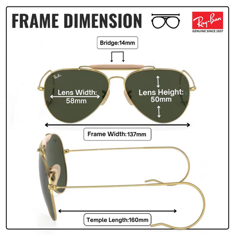 RB3030 Pilot Shape Non Polarized Shades For Men And Women With Green Lenses, frame dimensions shown: 58mm width, 137mm frame.