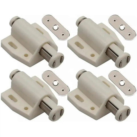 Four 16 Pieces Magnetic Push To Open Cabinet Latches with plates, ideal for DIY home cabinet hardware, shown in white.