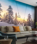 Winter Mountain Panorama Canvas Wall Art 6 Piece Peel And Stick Mural with ski slopes and lifts, cozy living room wallpaper