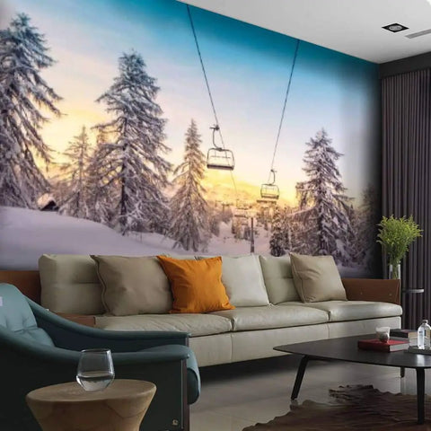 Winter Mountain Panorama Canvas Wall Art 6 Piece Peel And Stick Mural with ski slopes and lifts, cozy living room wallpaper