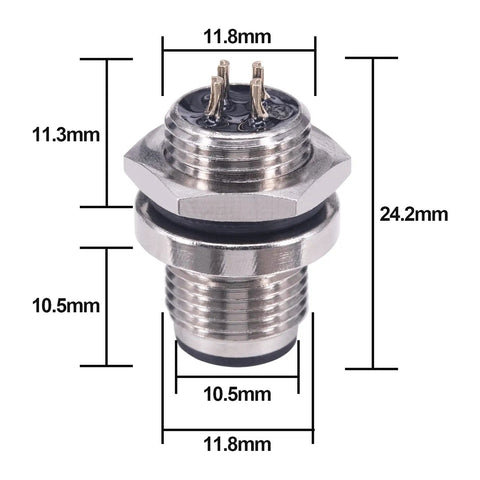 M12 4 Pin Male Aviation Panel Mount Connector IP67 Waterproof 12mm Back Mount Socket with dimensions shown