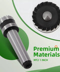 Yunnergo MT2 wood lathe drive center with 1-inch crown; side and front views show silver shank and toothed crown.