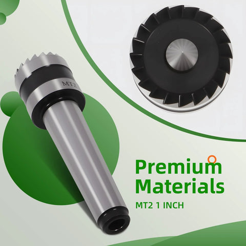 Yunnergo MT2 wood lathe drive center with 1-inch crown; side and front views show silver shank and toothed crown.
