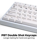 Close up of Compact 60 Percent White Mechanical Keyboard With Snappy Gateron Red Switches and Hot Swap Slots, featuring PBT double shot keycaps.