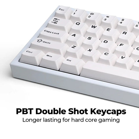 Close up of Compact 60 Percent White Mechanical Keyboard With Snappy Gateron Red Switches and Hot Swap Slots, featuring PBT double shot keycaps.