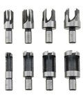 Eight Piece Wood Plug Cutter Drill Bit Set Forged From Tough Carbon Steel Round Shank, showing 8 varied sized bits for woodcraft projects.