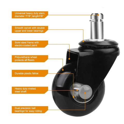 Heavy Duty 2 Inch Chair Caster Wheel, plug-in 7/16 inch stem, 7/8 inch length, dual bearings for smooth, quiet rolling.