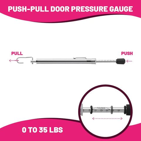 Push Pull Door Pressure Gauge 0 To 35 Lbs Stainless Steel Body Zinc Plated Scale ADA And Fire Code Compliant With 5 Percent Accuracy For Quick Easy Reads And Reliable Door Pressure Checks. Stainless steel 0-35 lb gauge with pull hook and push tip