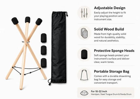 Adjustable Solid Wood Handpan Drum Stand With Carry Bag And Three Replacement Foam Pads For 10 To 22 Inch Steel Tongue Hang And Panda Drums Built Tough With Zero Wobble So You Stay Locked In During Every Session