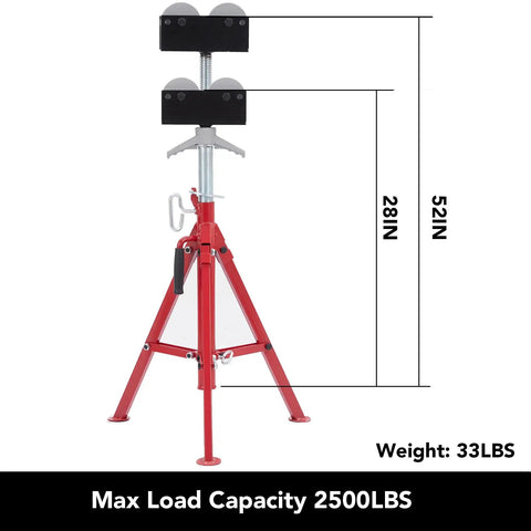 Beefy Portable High Pipe Stand With Roller Head adjustable 28 to 52 inches max 2500 lbs red metal frame workshop gear