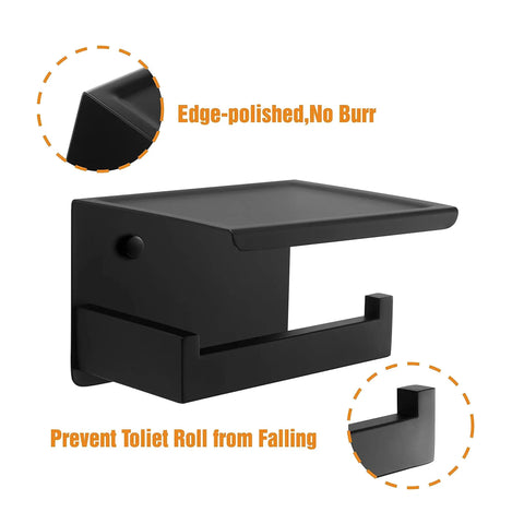 Matte Black Toilet Paper Holder With Shelf Stick On Or Wall Mount Self Adhesive Or Screws Rotate Proof Bracket