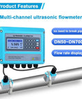 Ultrasonic Flow Meter Clamp On Digital Liquid Flow Meter Wall Mounted With Medium Transducer For Pipe DN50 To 700mm Water Seawater Oil Alcohol Sewage No Guesswork displayed on wall next to pipe showing flow rate measurement.