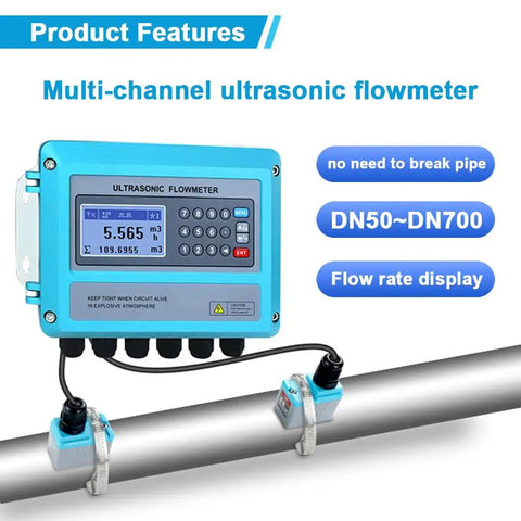 Ultrasonic Flow Meter Clamp On Digital Liquid Flow Meter Wall Mounted With Medium Transducer For Pipe DN50 To 700mm Water Seawater Oil Alcohol Sewage No Guesswork displayed on wall next to pipe showing flow rate measurement.
