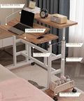 Effortless Height Adjustable Rolling Computer Desk, Foldable Standing Laptop Table With Wide Rust Proof Frame And Smooth Glide Wheels For Cozy Lazy Desk Setup with a laptop and storage.