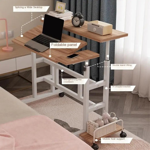 Effortless Height Adjustable Rolling Computer Desk, Foldable Standing Laptop Table With Wide Rust Proof Frame And Smooth Glide Wheels For Cozy Lazy Desk Setup with a laptop and storage.