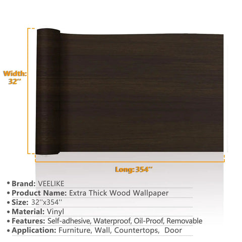 Wide 32 Inch By 354 Inch Textured Dark Wood Vinyl Film Peel And Stick For Kitchen Countertops Cabinets And Furniture Self Adhesive Waterproof Removable Wood Grain Contact Paper Dope Wood Look showing roll with dimensions