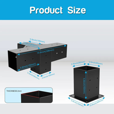 Beefed-Up Heavy Duty Gazebo Brackets Kit Two Pack For 4x4 Lumber 4-Way Right Angle Corner Brackets With Pergola Post Base For 3.5x3.5 Inch Lumber Steel Black Powder Coat Rust Proof Durable Outdoor Support