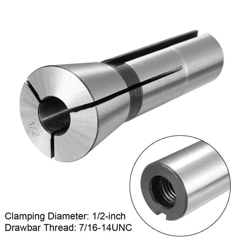 R8 Collet For Milling Machines, 1/2 Inch Chuck Holder Made Of 65Mn Spring Steel, 7/16-14 UNC Thread, side angle view.