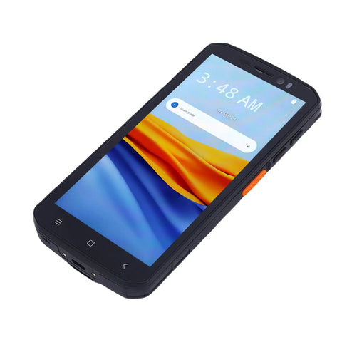 Rugged Handheld Barcode Scanner with 5.5 Inch Touch Screen for logistics and warehouse use, shown at an angle.
