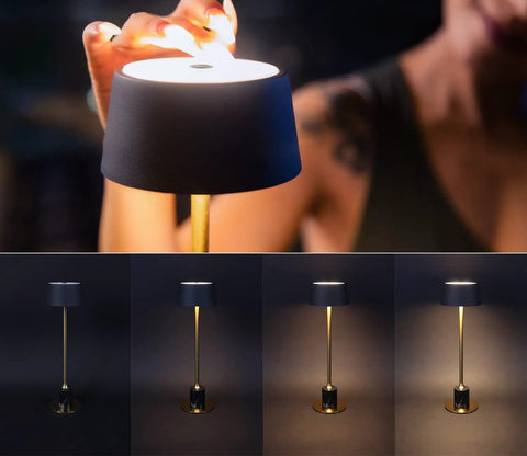 Cordless Rechargeable Table Lamp With 2500mAh Battery, 3 Level Brightness, marble chassis, shown in a dimly lit setting