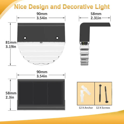 Dimensions and components of 6 Pack Outdoor LED Step Lights with dual mode, waterproof for fence, garden, patio, yard and stairs.