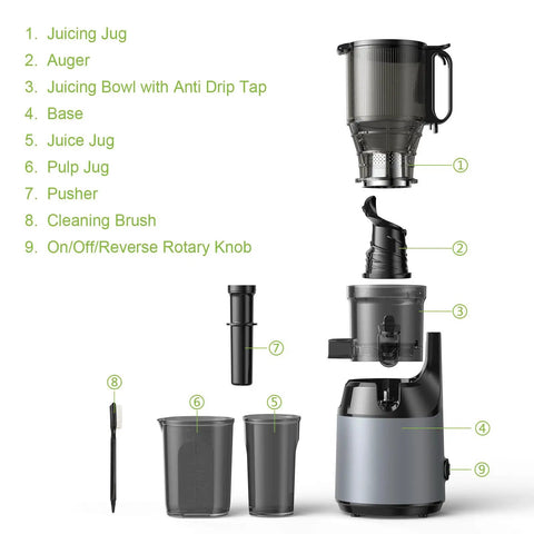 Components of Super Dope 130Mm Wide Chute Masticating Cold Press Juicer For All Fruits Veggies 250W with bowls and cleaning tools.