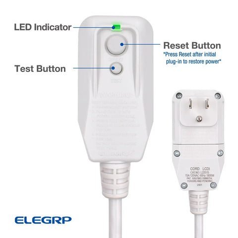 Close-up of LCDI Power Cord Plug for Air Conditioners With Leakage Current Detection, 7.5 Ft Cable, showing LED and reset buttons.
