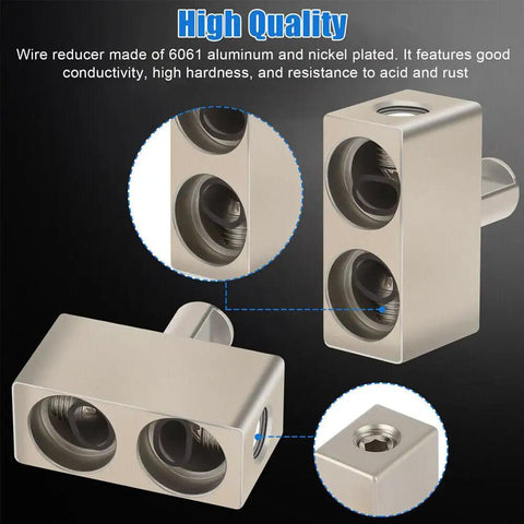 Four Pack Offset 1/0 Gauge Car Audio Power And Ground Reducers For Dual 1/0 To 1/0 Input Aluminum Nickel Plated Heavy Duty Amp Wiring Adapters Compatible With Oversized 1/0 And 2/0 Wire For Install, 6061 aluminum reducer